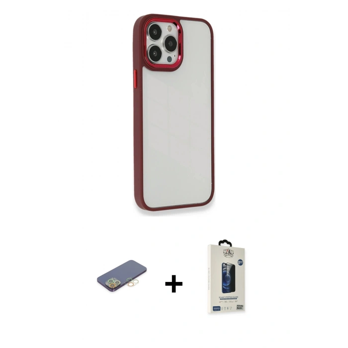 MARSİLYAN™- iPhone 13 Pro Max Kılıf Eksen Doku Prime - Siyah Bilvis Hayalet Cam Ekran Koruyucu + Renkli Kamera Lens Koruma Cam - SI