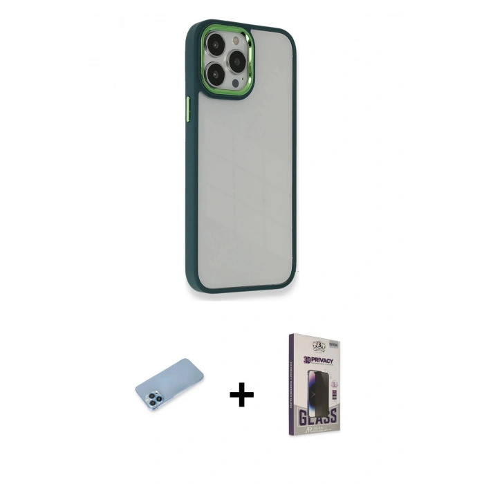 MARSİLYAN™- iPhone 13 Pro Max Kılıf Eksen Doku Prime - Siyah Bilvis Hayalet Cam Ekran Koruyucu + Shine Kamera Lens Koruma Cam - MI