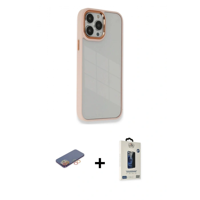 MARSİLYAN™- iPhone 13 Pro Max Kılıf Eksen Doku Prime - Siyah Bilvis Hayalet Cam Ekran Koruyucu + Renkli Kamera Lens Koruma Cam - TU