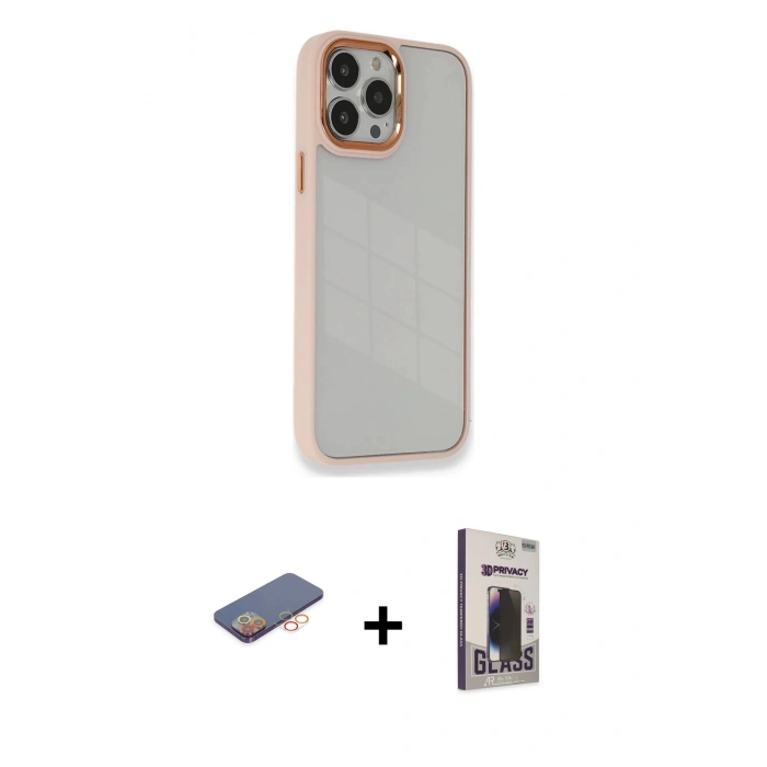 MARSİLYAN™- iPhone 13 Pro Max Kılıf Eksen Doku Prime - Siyah Bilvis Hayalet Cam Ekran Koruyucu + Turuncu Renkli Kamera Lens Koruma Cam