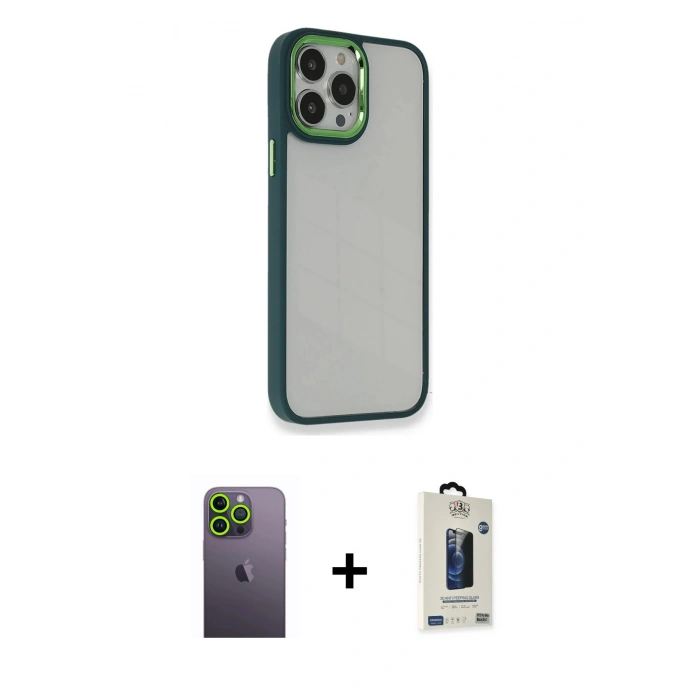 MARSİLYAN™- iPhone 13 Pro Max Kılıf Eksen Doku Prime - Siyah Bilvis Hayalet Cam Ekran Koruyucu + Yeşil Neon Fosforlu Kamera Lens