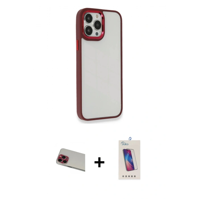 MARSİLYAN™- iPhone 13 Pro Max Kılıf Eksen Doku Prime - Siyah Joko 5D Cam + Kırmızı Rainbow Kamera Lens Koruma Cam