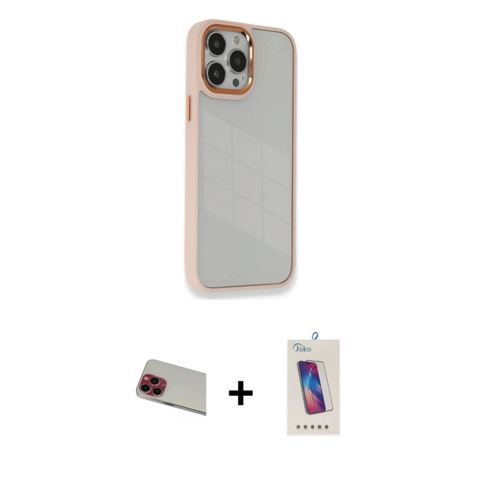 MARSİLYAN™- iPhone 13 Pro Max Kılıf Eksen Doku Prime - Siyah Joko 5D Cam + Kırmızı Rainbow Kamera Lens Koruma Cam