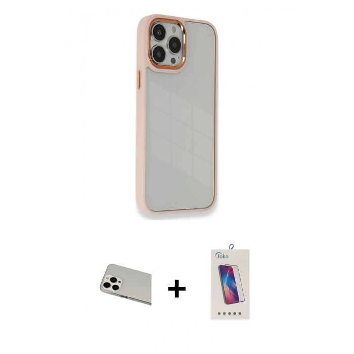 MARSİLYAN™- iPhone 13 Pro Max Kılıf Eksen Doku Prime - Siyah Joko 5D Cam + Rainbow Kamera Lens Koruma Cam - BZ