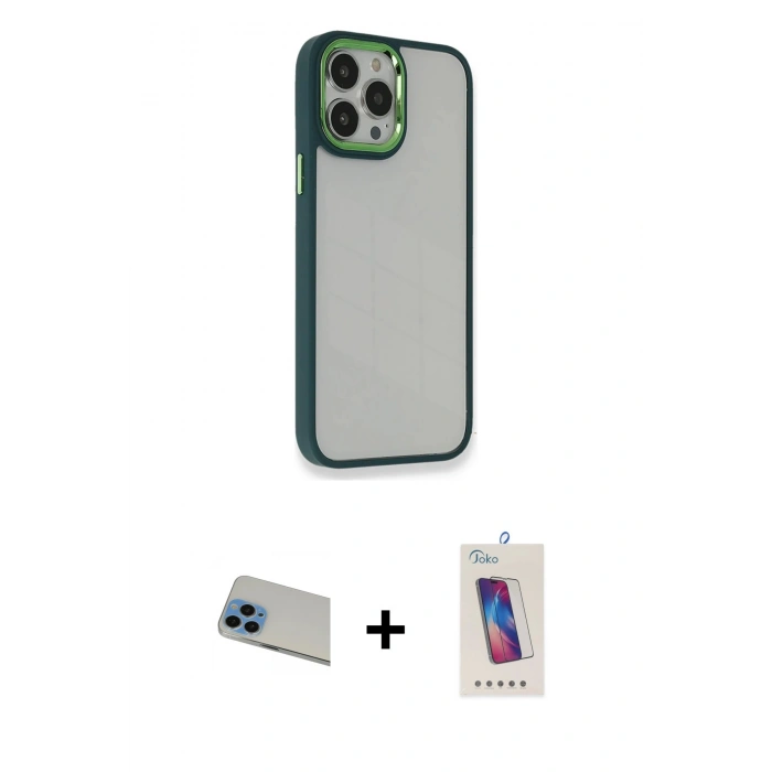 MARSİLYAN™- iPhone 13 Pro Max Kılıf Eksen Doku Prime - Siyah Joko 5D Cam + Rainbow Kamera Lens Koruma Cam - MI