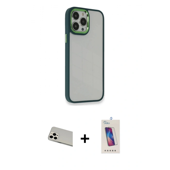 MARSİLYAN™- iPhone 13 Pro Max Kılıf Eksen Doku Prime - Siyah Joko 5D Cam + Rainbow Kamera Lens Koruma Cam - BZ