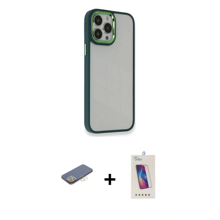 MARSİLYAN™- iPhone 13 Pro Max Kılıf Eksen Doku Prime - Siyah Joko 5D Cam + Renkli Kamera Lens Koruma Cam - SI