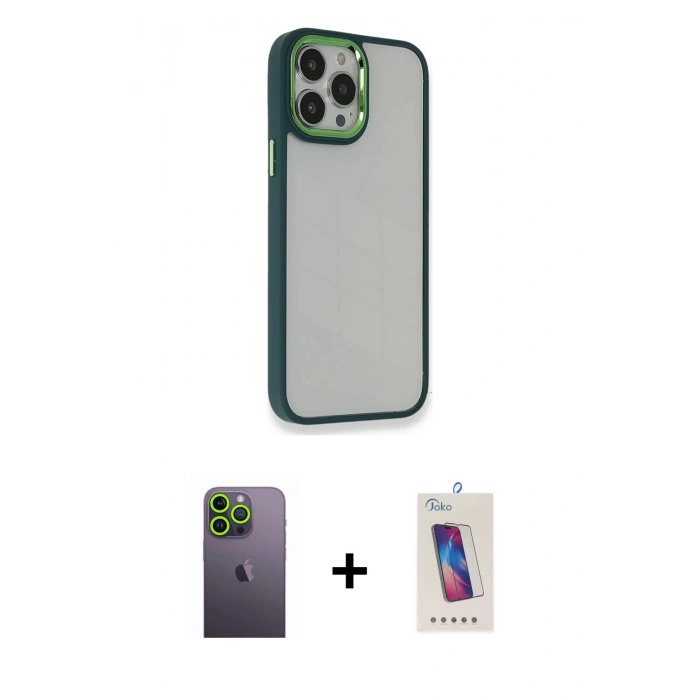 MARSİLYAN™- iPhone 13 Pro Max Kılıf Eksen Doku Prime - Siyah Joko 5D Cam + Neon Fosforlu Kamera Lens - YL