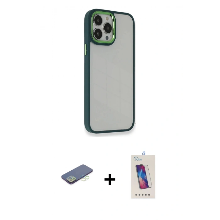 MARSİLYAN™- iPhone 13 Pro Max Kılıf Eksen Doku Prime - Siyah Joko 5D Cam + Renkli Kamera Lens Koruma Cam - YL