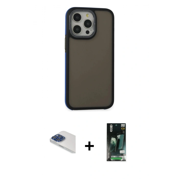 MARSİLYAN™- iPhone 13 Pro Max Kılıf Eksen Işık - Şeffaf 360 Full Body Arka Koruyucu + Lacivert Pers Alüminyum Kamera Lens