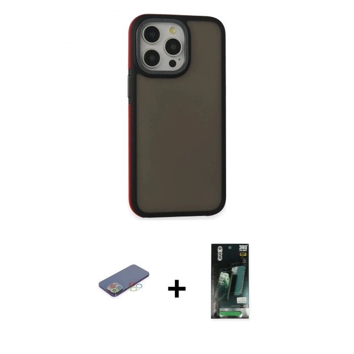 MARSİLYAN™- iPhone 13 Pro Max Kılıf Eksen Işık - Şeffaf 360 Full Body Arka Koruyucu + Mavi Renkli Kamera Lens Koruma Cam