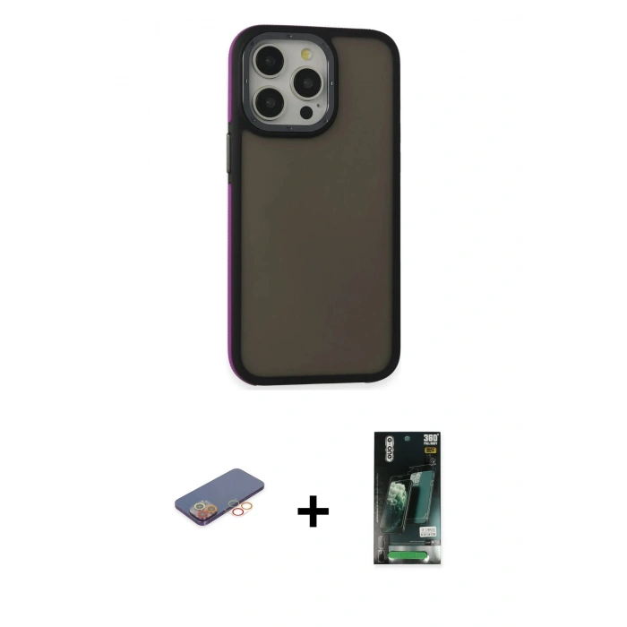 MARSİLYAN™- iPhone 13 Pro Max Kılıf Eksen Işık - Şeffaf 360 Full Body Arka Koruyucu + Renkli Kamera Lens Koruma Cam - TU