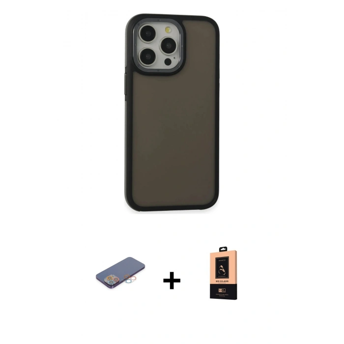 MARSİLYAN™- iPhone 13 Pro Max Kılıf Eksen Işık - Şeffaf Maxco Cam Ekran Koruyucu + Pembe Renkli Kamera Lens Koruma Cam