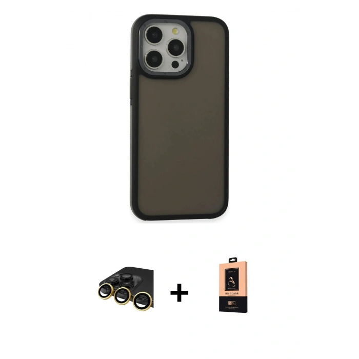 MARSİLYAN™- iPhone 13 Pro Max Kılıf Eksen Işık - Şeffaf Maxco Cam Ekran Koruyucu + Raze Metal Kamera Lens - GD