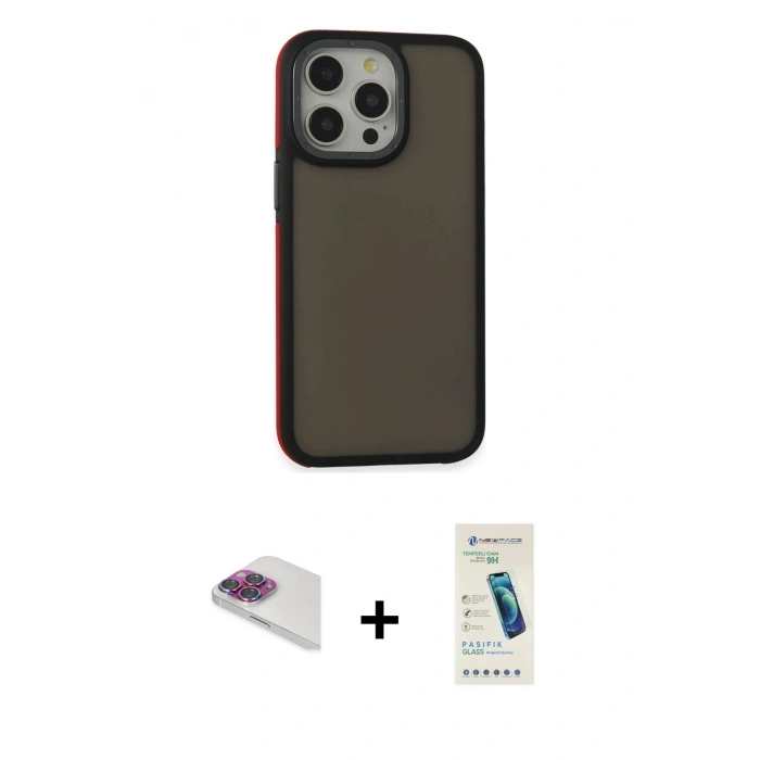 MARSİLYAN™- iPhone 13 Pro Max Kılıf Eksen Işık - Şeffaf Pasifik Cam Ekran Koruyucu + Gökkuşağı Pers Alüminyum Kamera Lens