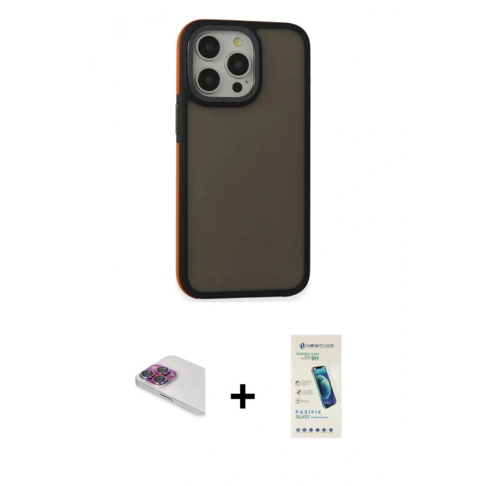 MARSİLYAN™- iPhone 13 Pro Max Kılıf Eksen Işık - Şeffaf Pasifik Cam Ekran Koruyucu + Gökkuşağı Pers Alüminyum Kamera Lens