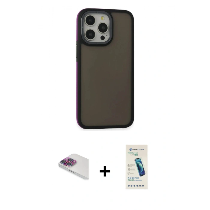 MARSİLYAN™- iPhone 13 Pro Max Kılıf Eksen Işık - Şeffaf Pasifik Cam Ekran Koruyucu + Gökkuşağı Pers Alüminyum Kamera Lens