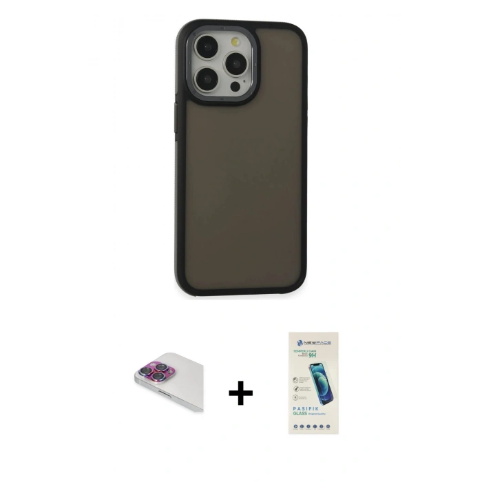 MARSİLYAN™- iPhone 13 Pro Max Kılıf Eksen Işık - Şeffaf Pasifik Cam Ekran Koruyucu + Gökkuşağı Pers Alüminyum Kamera Lens