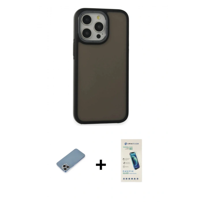 MARSİLYAN™- iPhone 13 Pro Max Kılıf Eksen Işık - Şeffaf Pasifik Cam Ekran Koruyucu + Gökkuşağı Shine Kamera Lens Koruma Cam