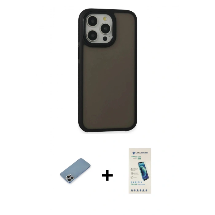 MARSİLYAN™- iPhone 13 Pro Max Kılıf Eksen Işık - Şeffaf Pasifik Cam Ekran Koruyucu + Gökkuşağı Shine Kamera Lens Koruma Cam