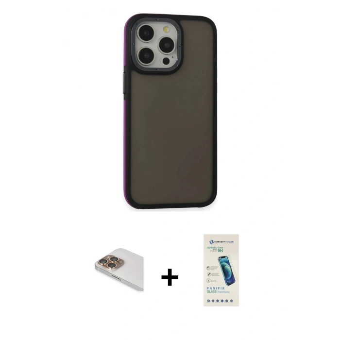 MARSİLYAN™- iPhone 13 Pro Max Kılıf Eksen Işık - Şeffaf Pasifik Cam Ekran Koruyucu + Pers Alüminyum Kamera Lens - GD