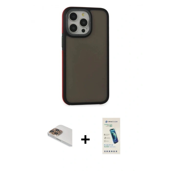 MARSİLYAN™- iPhone 13 Pro Max Kılıf Eksen Işık - Şeffaf Pasifik Cam Ekran Koruyucu + Pers Alüminyum Kamera Lens - GD