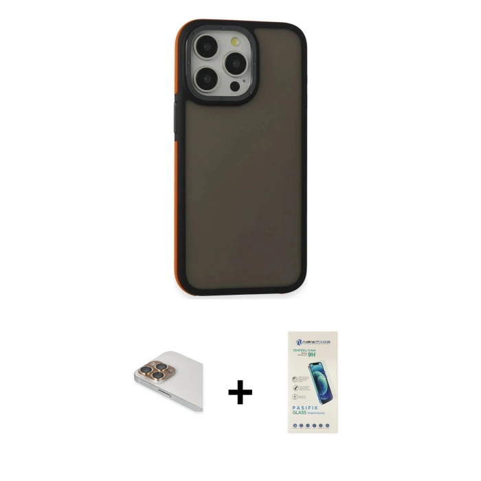 MARSİLYAN™- iPhone 13 Pro Max Kılıf Eksen Işık - Şeffaf Pasifik Cam Ekran Koruyucu + Pers Alüminyum Kamera Lens - GD
