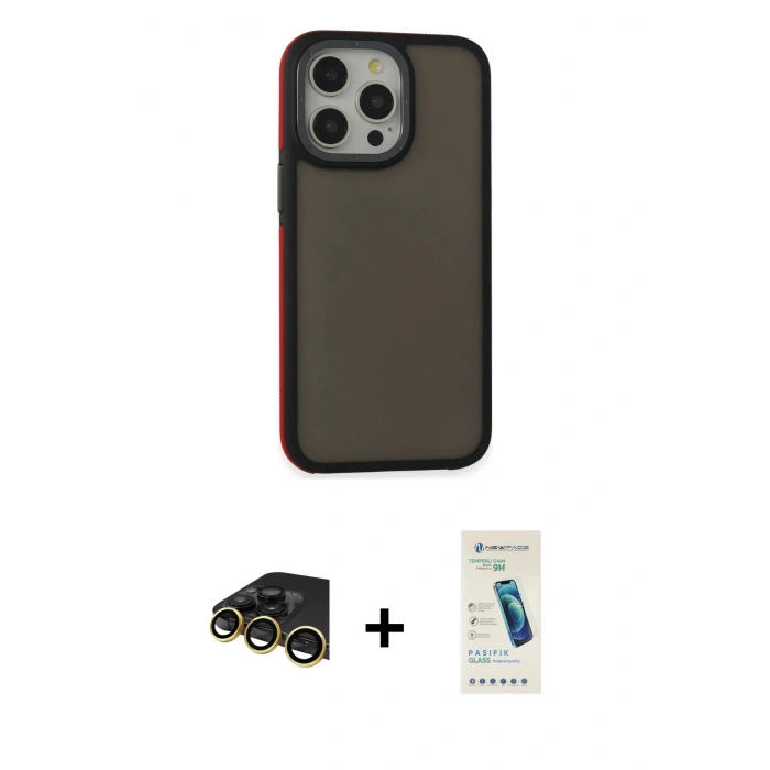 MARSİLYAN™- iPhone 13 Pro Max Kılıf Eksen Işık - Şeffaf Pasifik Cam Ekran Koruyucu + Raze Metal Kamera Lens - GD