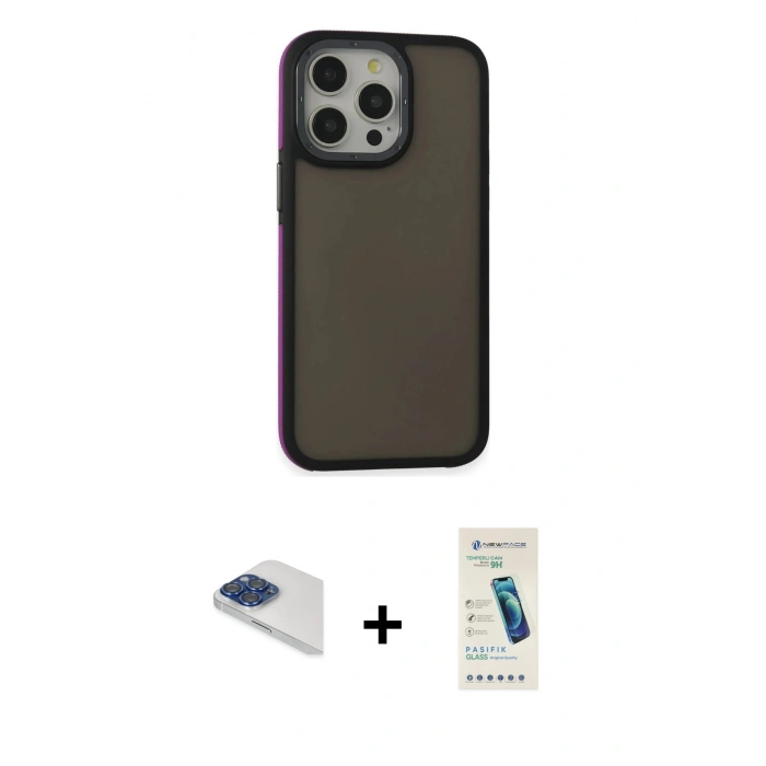 MARSİLYAN™- iPhone 13 Pro Max Kılıf Eksen Işık - Şeffaf Pasifik Cam Ekran Koruyucu + Pers Alüminyum Kamera Lens - LT