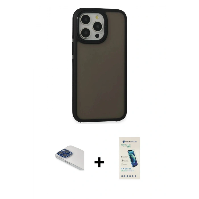 MARSİLYAN™- iPhone 13 Pro Max Kılıf Eksen Işık - Şeffaf Pasifik Cam Ekran Koruyucu + Pers Alüminyum Kamera Lens - LT