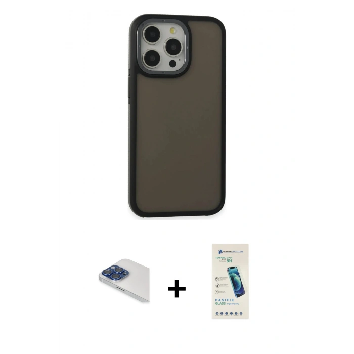 MARSİLYAN™- iPhone 13 Pro Max Kılıf Eksen Işık - Şeffaf Pasifik Cam Ekran Koruyucu + Pers Alüminyum Kamera Lens - LT
