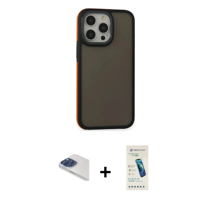 MARSİLYAN™- iPhone 13 Pro Max Kılıf Eksen Işık - Şeffaf Pasifik Cam Ekran Koruyucu + Pers Alüminyum Kamera Lens - LT