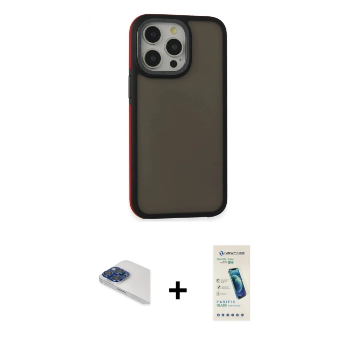 MARSİLYAN™- iPhone 13 Pro Max Kılıf Eksen Işık - Şeffaf Pasifik Cam Ekran Koruyucu + Pers Alüminyum Kamera Lens - LT