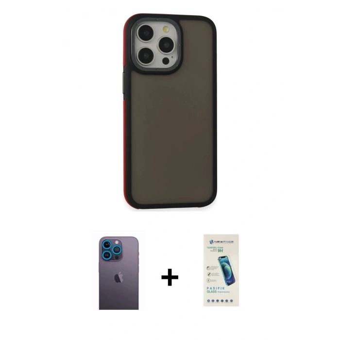 MARSİLYAN™- iPhone 13 Pro Max Kılıf Eksen Işık - Şeffaf Pasifik Cam Ekran Koruyucu + Mavi Neon Fosforlu Kamera Lens
