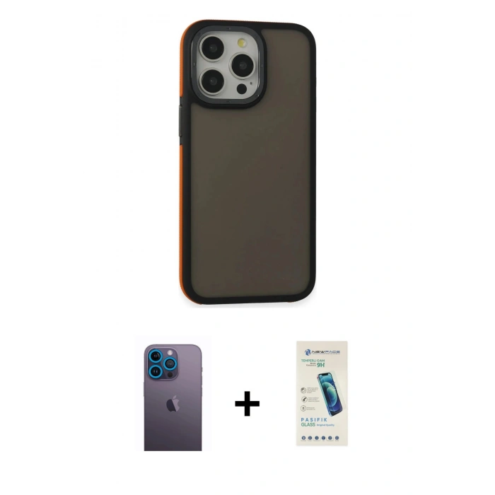 MARSİLYAN™- iPhone 13 Pro Max Kılıf Eksen Işık - Şeffaf Pasifik Cam Ekran Koruyucu + Mavi Neon Fosforlu Kamera Lens