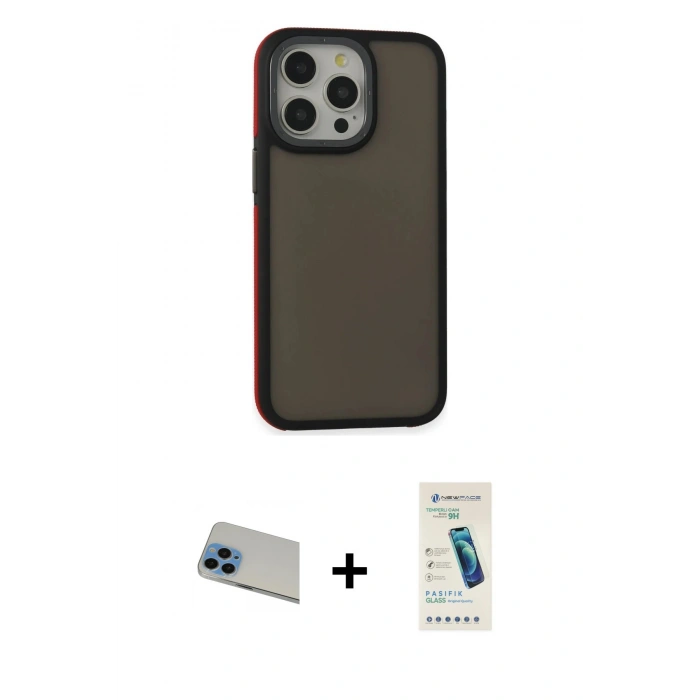 MARSİLYAN™- iPhone 13 Pro Max Kılıf Eksen Işık - Şeffaf Pasifik Cam Ekran Koruyucu + Rainbow Kamera Lens Koruma Cam - MI