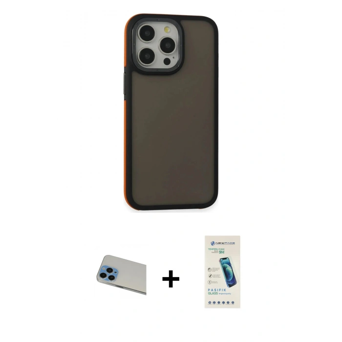 MARSİLYAN™- iPhone 13 Pro Max Kılıf Eksen Işık - Şeffaf Pasifik Cam Ekran Koruyucu + Rainbow Kamera Lens Koruma Cam - MI