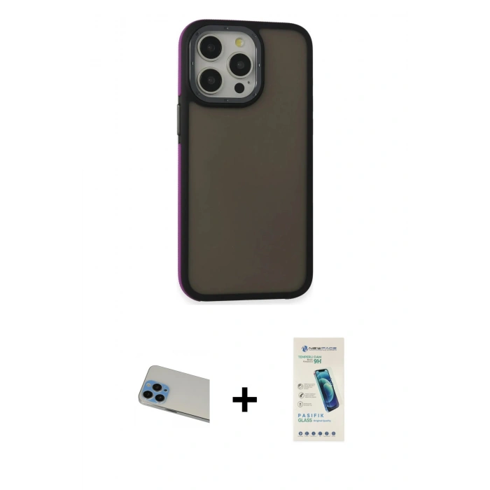 MARSİLYAN™- iPhone 13 Pro Max Kılıf Eksen Işık - Şeffaf Pasifik Cam Ekran Koruyucu + Rainbow Kamera Lens Koruma Cam - MI