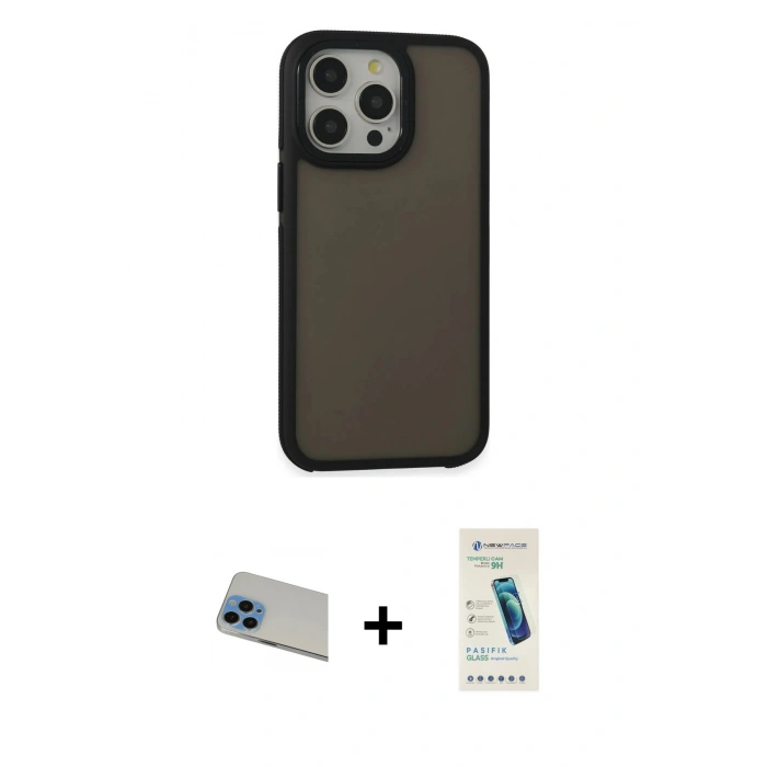MARSİLYAN™- iPhone 13 Pro Max Kılıf Eksen Işık - Şeffaf Pasifik Cam Ekran Koruyucu + Rainbow Kamera Lens Koruma Cam - MI