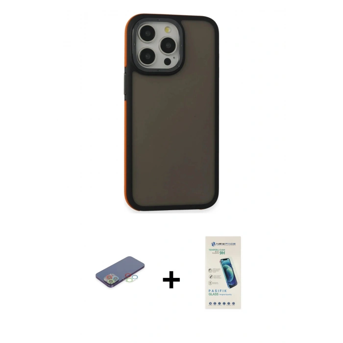 MARSİLYAN™- iPhone 13 Pro Max Kılıf Eksen Işık - Şeffaf Pasifik Cam Ekran Koruyucu + Mavi Renkli Kamera Lens Koruma Cam