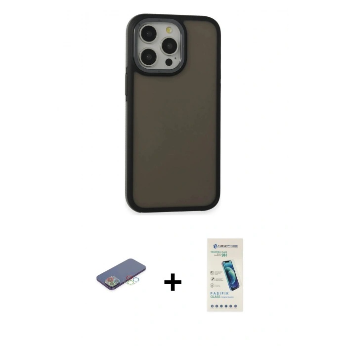 MARSİLYAN™- iPhone 13 Pro Max Kılıf Eksen Işık - Şeffaf Pasifik Cam Ekran Koruyucu + Mavi Renkli Kamera Lens Koruma Cam