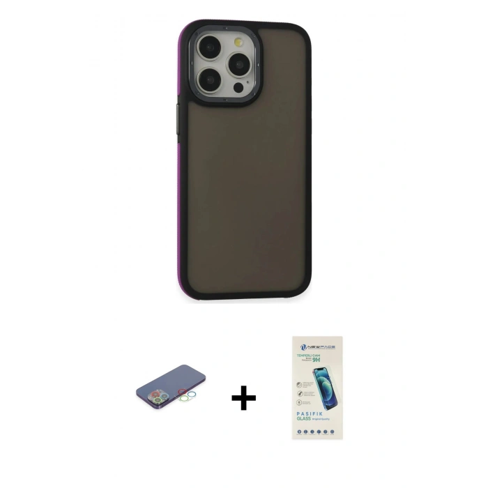 MARSİLYAN™- iPhone 13 Pro Max Kılıf Eksen Işık - Şeffaf Pasifik Cam Ekran Koruyucu + Mavi Renkli Kamera Lens Koruma Cam