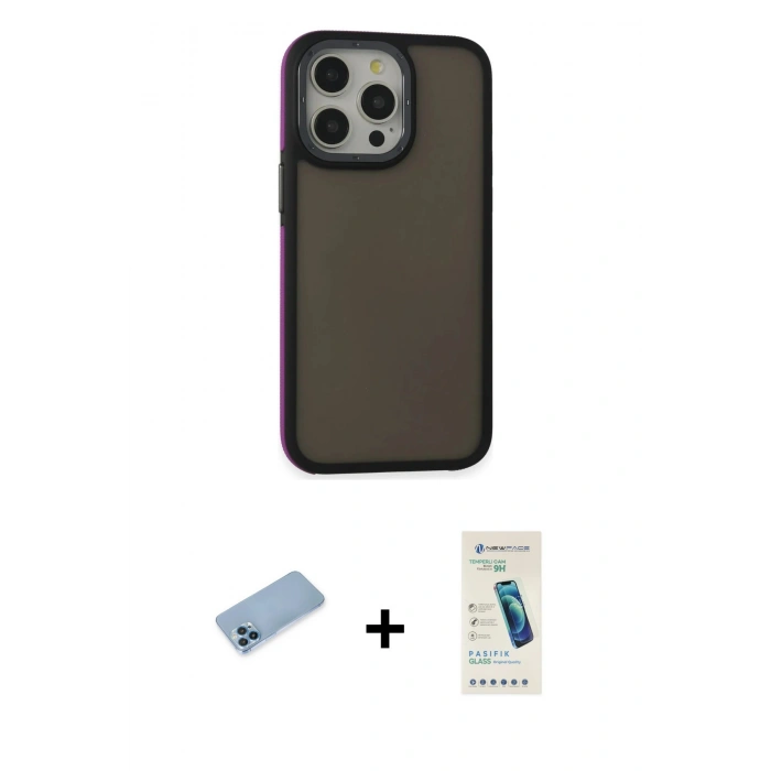 MARSİLYAN™- iPhone 13 Pro Max Kılıf Eksen Işık - Şeffaf Pasifik Cam Ekran Koruyucu + Shine Kamera Lens Koruma Cam - MI