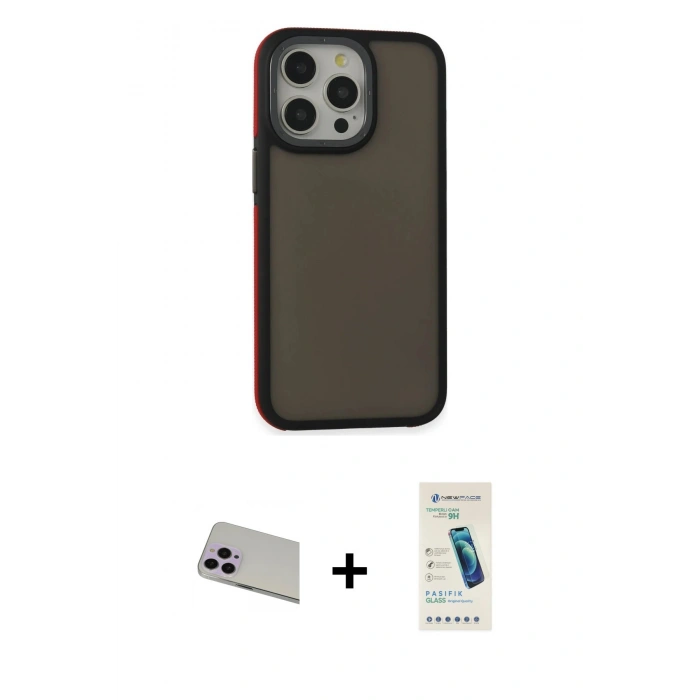 MARSİLYAN™- iPhone 13 Pro Max Kılıf Eksen Işık - Şeffaf Pasifik Cam Ekran Koruyucu + Mor Rainbow Kamera Lens Koruma Cam