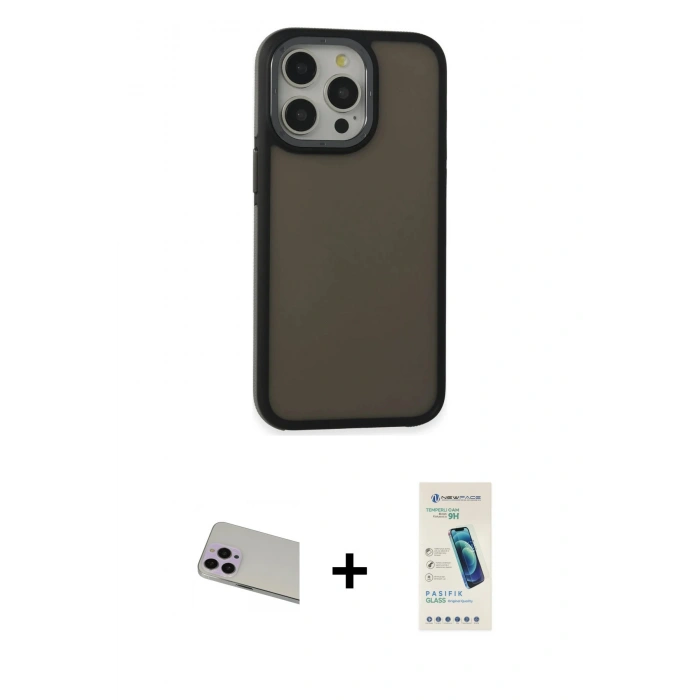 MARSİLYAN™- iPhone 13 Pro Max Kılıf Eksen Işık - Şeffaf Pasifik Cam Ekran Koruyucu + Mor Rainbow Kamera Lens Koruma Cam
