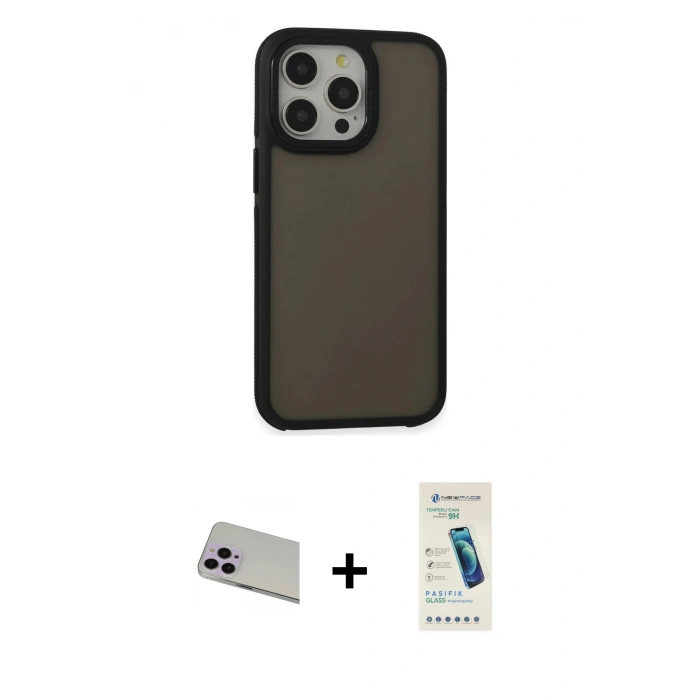 MARSİLYAN™- iPhone 13 Pro Max Kılıf Eksen Işık - Şeffaf Pasifik Cam Ekran Koruyucu + Mor Rainbow Kamera Lens Koruma Cam