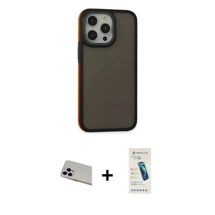 MARSİLYAN™- iPhone 13 Pro Max Kılıf Eksen Işık - Şeffaf Pasifik Cam Ekran Koruyucu + Mor Rainbow Kamera Lens Koruma Cam
