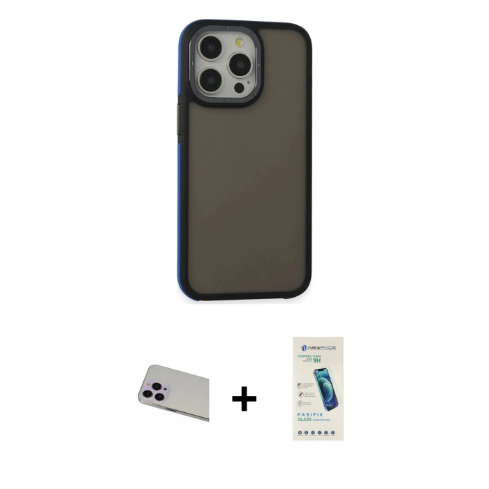MARSİLYAN™- iPhone 13 Pro Max Kılıf Eksen Işık - Şeffaf Pasifik Cam Ekran Koruyucu + Mor Rainbow Kamera Lens Koruma Cam