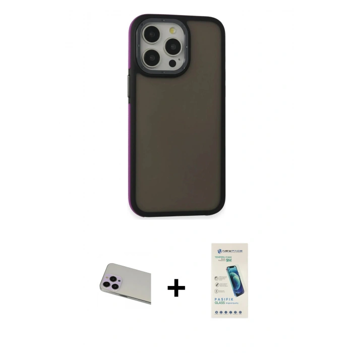 MARSİLYAN™- iPhone 13 Pro Max Kılıf Eksen Işık - Şeffaf Pasifik Cam Ekran Koruyucu + Mor Rainbow Kamera Lens Koruma Cam