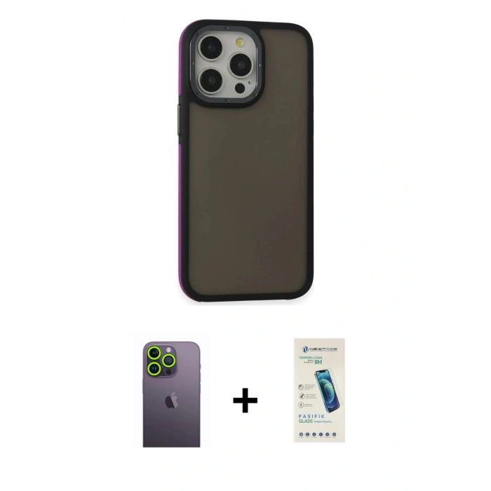 MARSİLYAN™- iPhone 13 Pro Max Kılıf Eksen Işık - Şeffaf Pasifik Cam Ekran Koruyucu + Neon Fosforlu Kamera Lens - YL